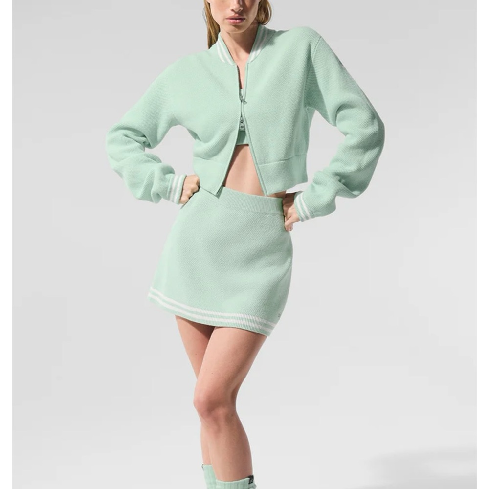 ALO Yoga Light Green Knit Jacket and Skirt Set